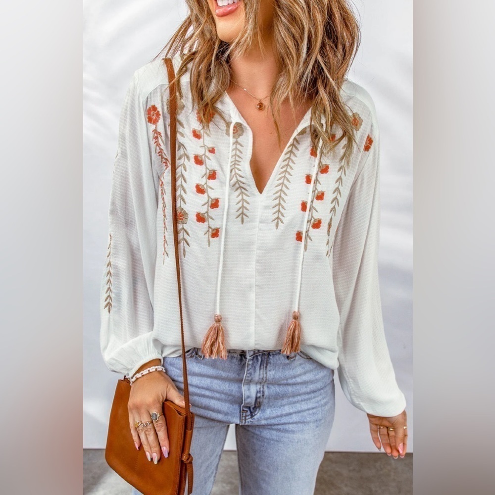 NEW White Floral Embroidered V Neck Boho Blouse with Tassels